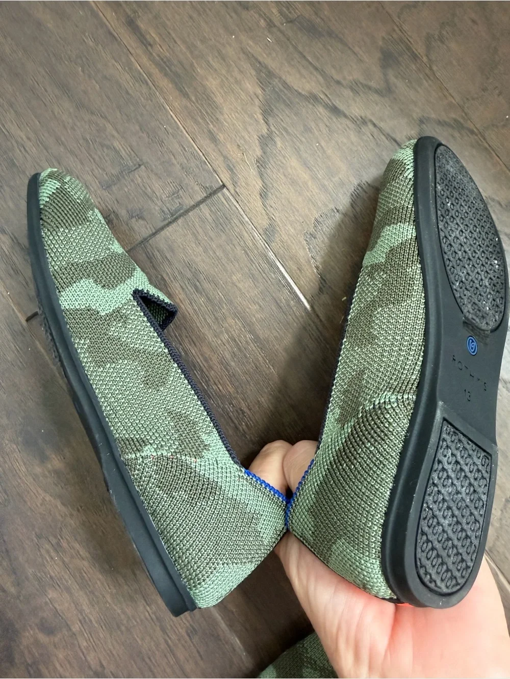 Rothy's Kids Green Camo Slip-On Flats with Blue Trim